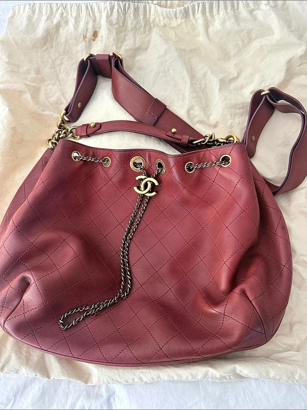 Chanel Vintage Quilted Leather Drawstring Bucket Hobo Bag Burgundy